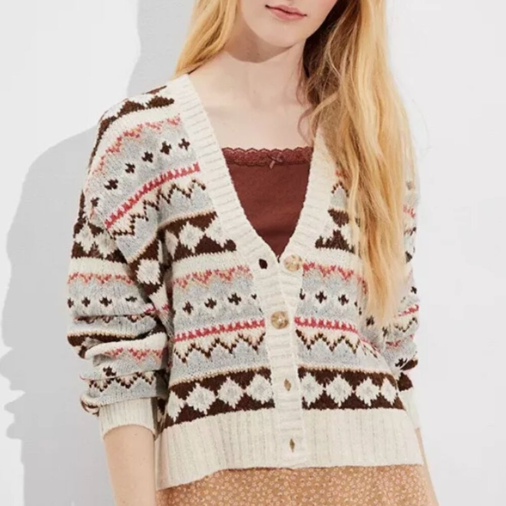 American Eagle Cardigan Sweater Sz. Medium Fair Isle Cozy Oversized Relaxed AE